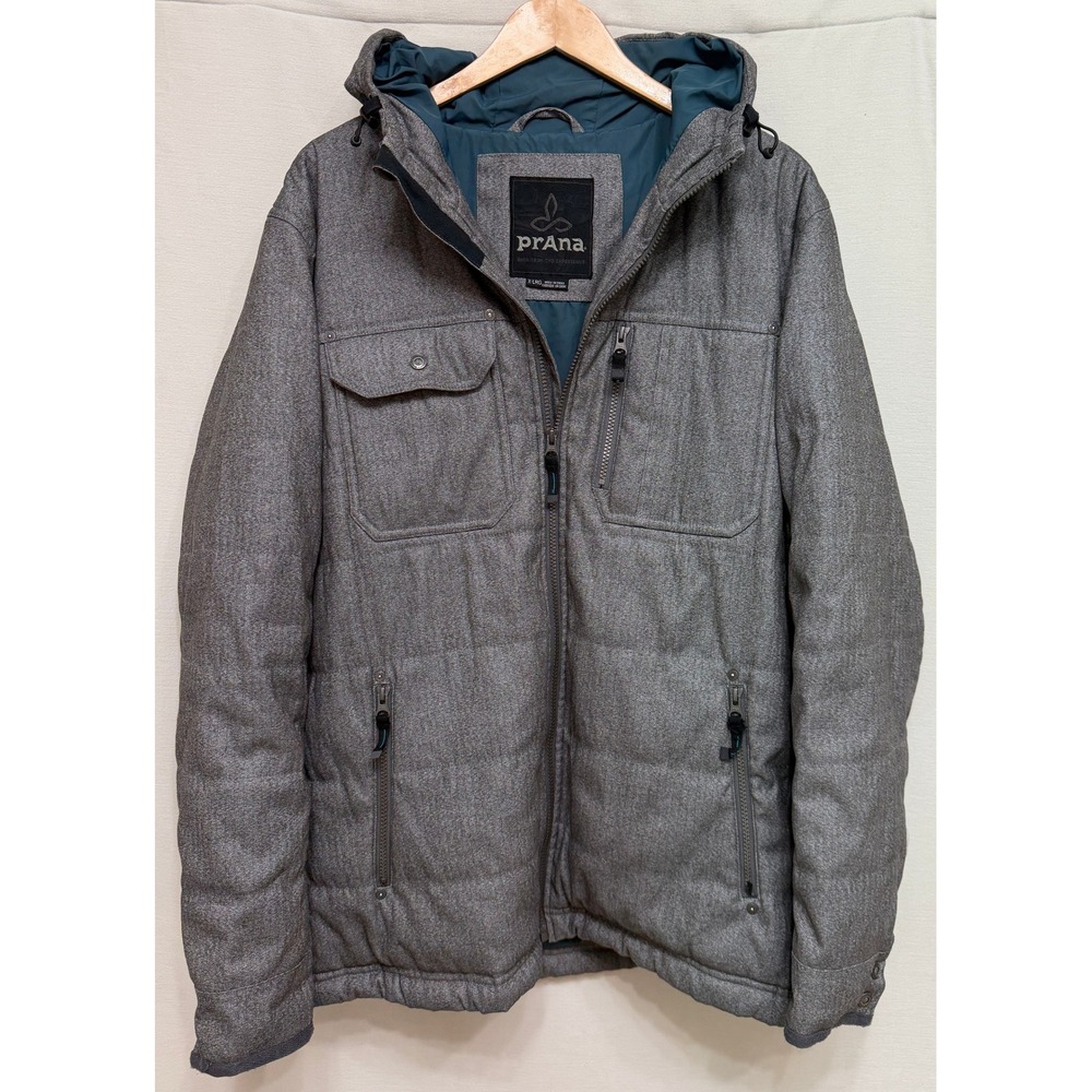 Prana Womens Hooded Puffer Jacket Grey Herringbone Quilted Outdoor Gorpcore XL
